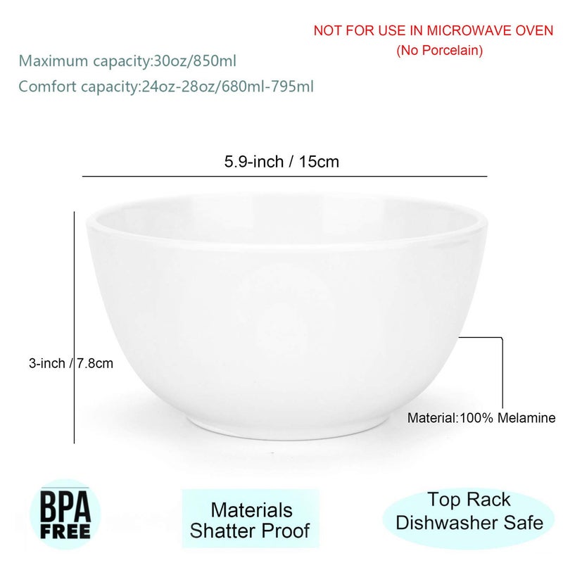 KX-WARE Melamine Bowls set - 28oz 6inch 100% Melamine Cereal/Soup/Salad Bowls, Set of 6 White | Shatter-Proof and Chip-Resistant Dishwasher Safe, BPA Free - Image 2